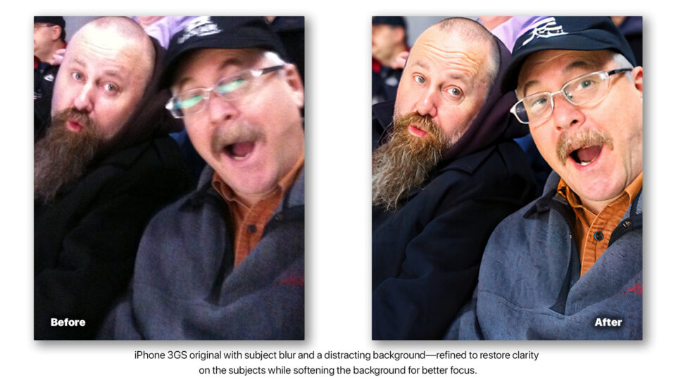 Before and after AI photo restoration of blurry iPhone 3GS portrait with sharpened subjects and softened background.