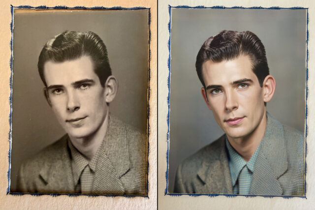 Side-by-side comparison of a 1950s black-and-white portrait and a fully colorized AI restoration with brown eyes, showing enhanced detail, skin tones, and realism.
