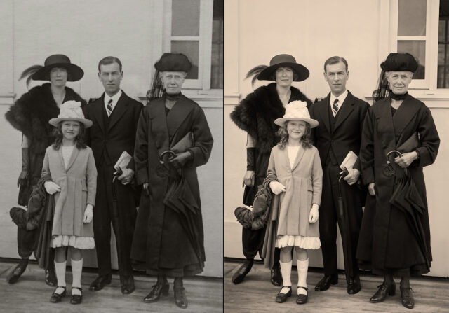 Side-by-side comparison of a vintage black-and-white family portrait and an enhanced AI-restored version with improved clarity, contrast, and preserved historical detail.