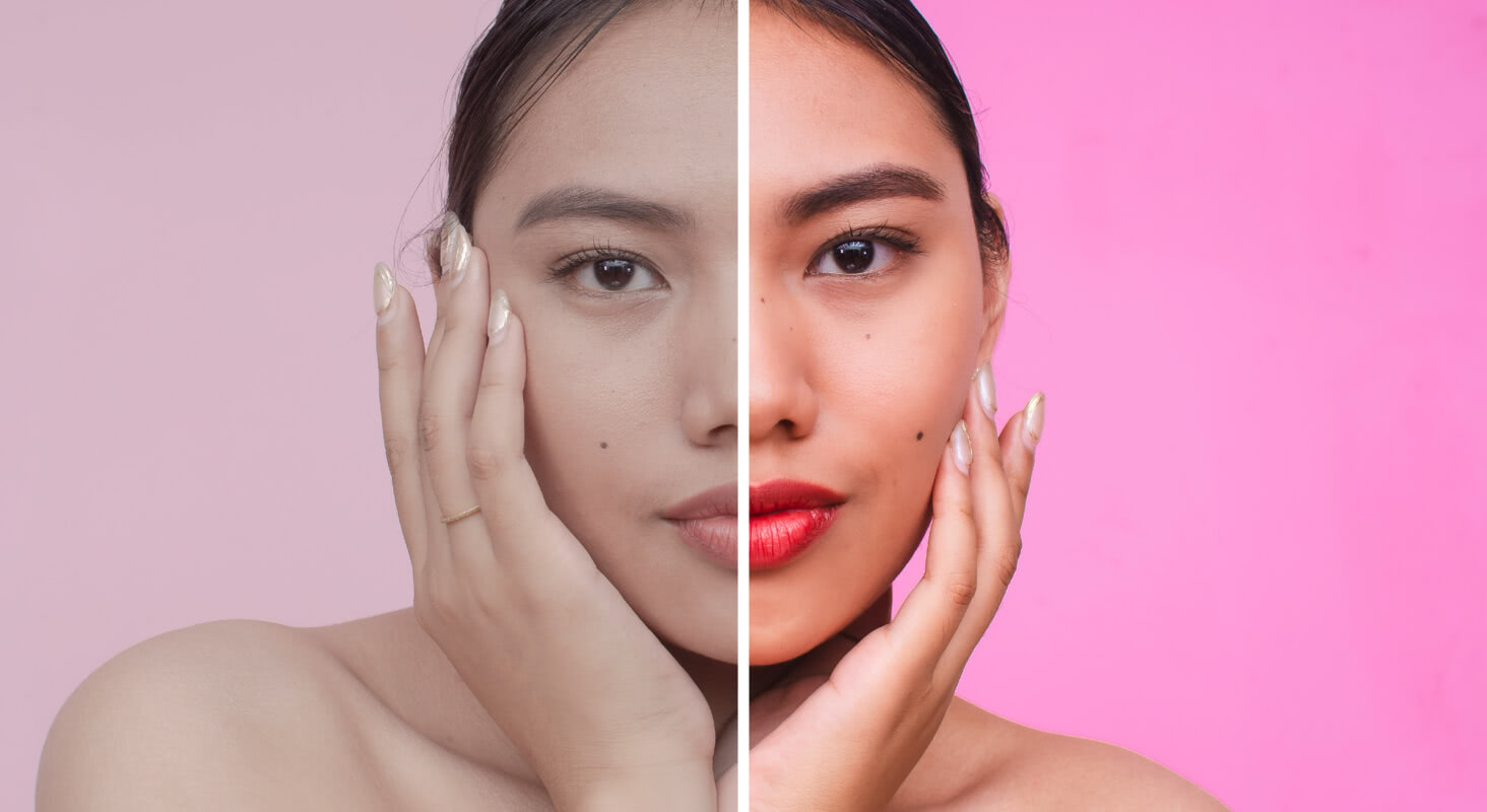 Split-view portrait showing before-and-after skin retouching