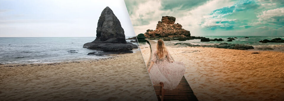 Before and after photo editing software comparison showing beach scene transformation