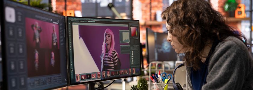 Person editing a vibrant photo of a model on dual monitors.
