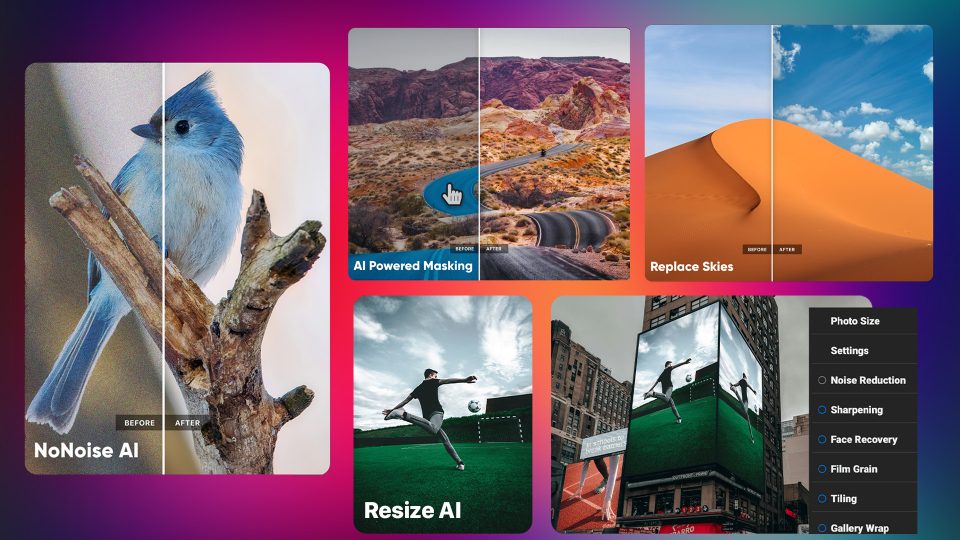 ON1 Photo RAW AI features like Super Select AI, NoNoise AI, and Sky Swap in action