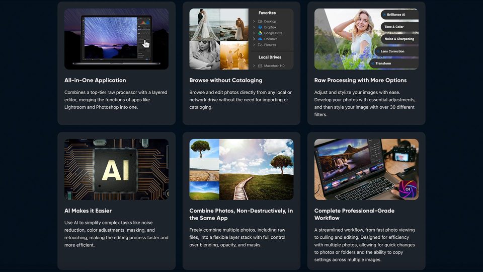 ON1 Photo RAW showing multiple editing modules in a single workspace