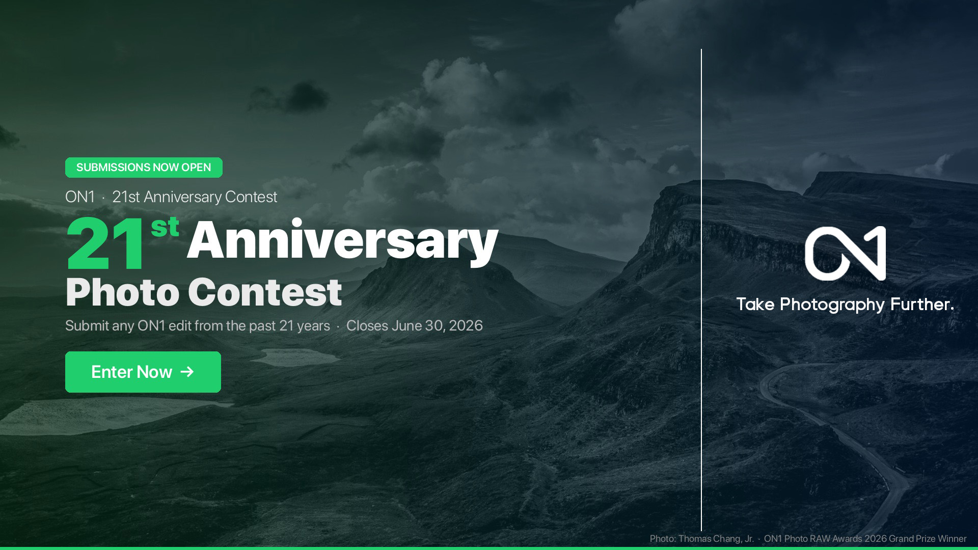 Banner with a background of the Scottish highlands with text announcing the ON1 21st Anniversary Photo Contest