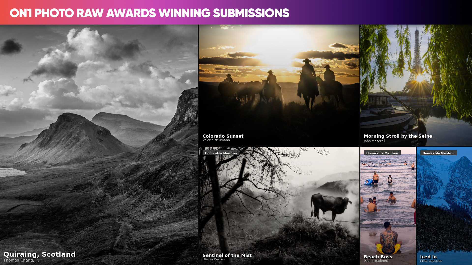 Collage image of all winning entries for the ON1 Photo RAW Awards photo contest