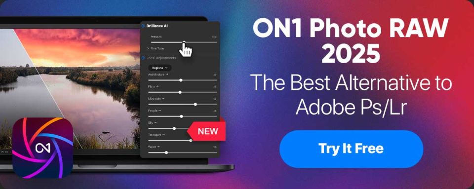 ON1 Photo RAW free trial call-to-action with edited before and after image preview