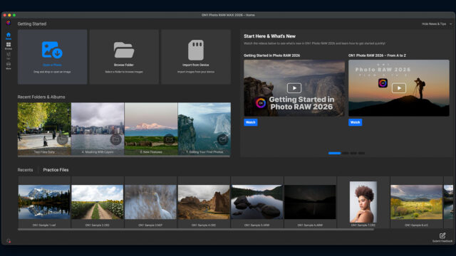 ON1 Photo RAW 2026.4 new Home module showing quick access shortcuts for Open a Photo, Browse Folder, Import from Device, recent folders, and getting started training videos