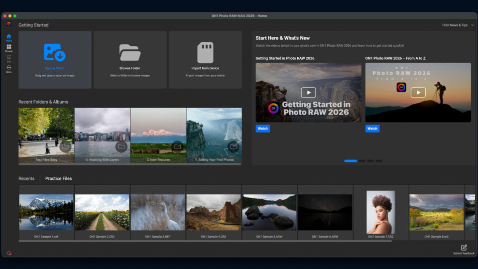 ON1 Photo RAW 2026.4 new Home module showing quick access shortcuts for Open a Photo, Browse Folder, Import from Device, recent folders, and getting started training videos