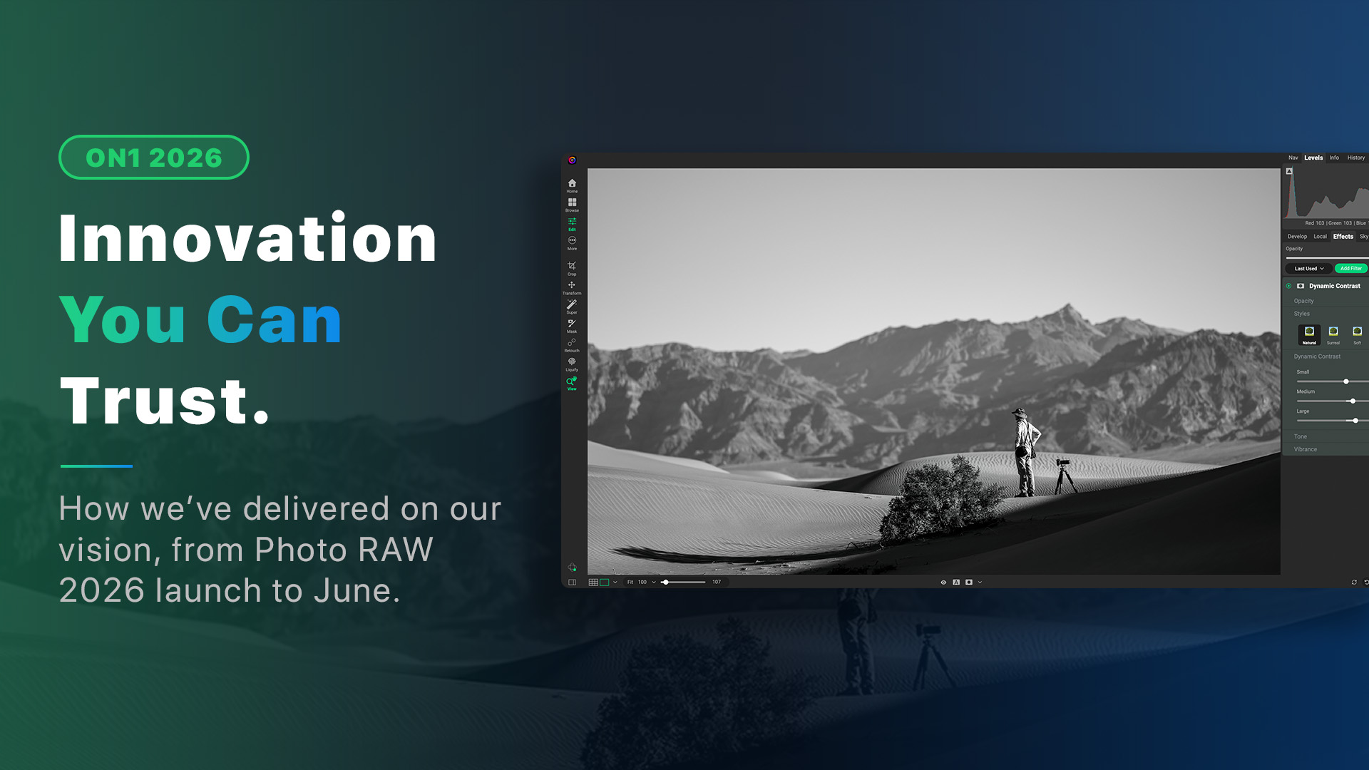 ON1 Photo RAW 2026 photo editing software interface showing a black and white desert landscape — Innovation You Can Trust