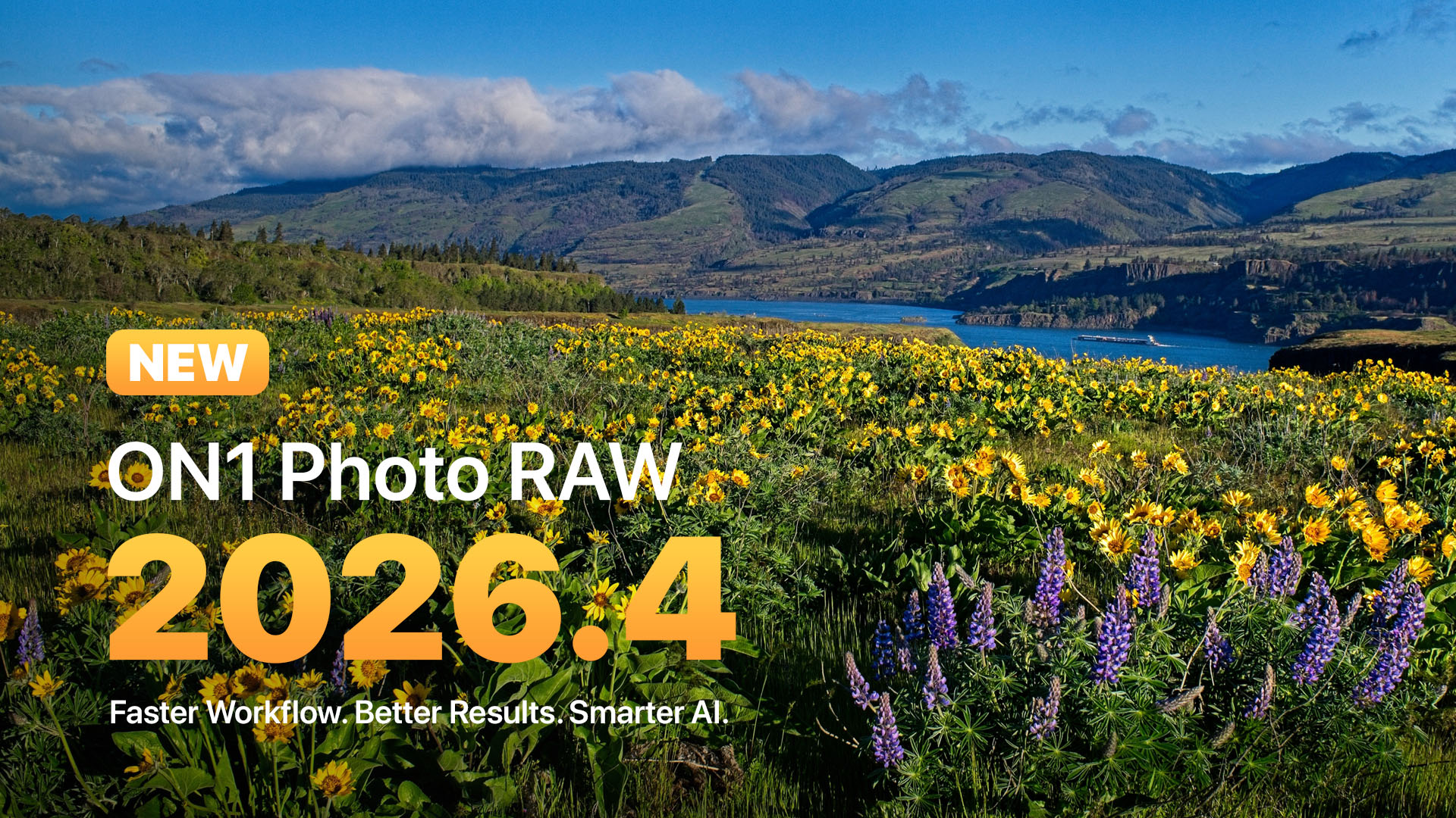 ON1 Photo RAW 2026.4 update announcement featuring Restore AI, new Home module, and faster performance
