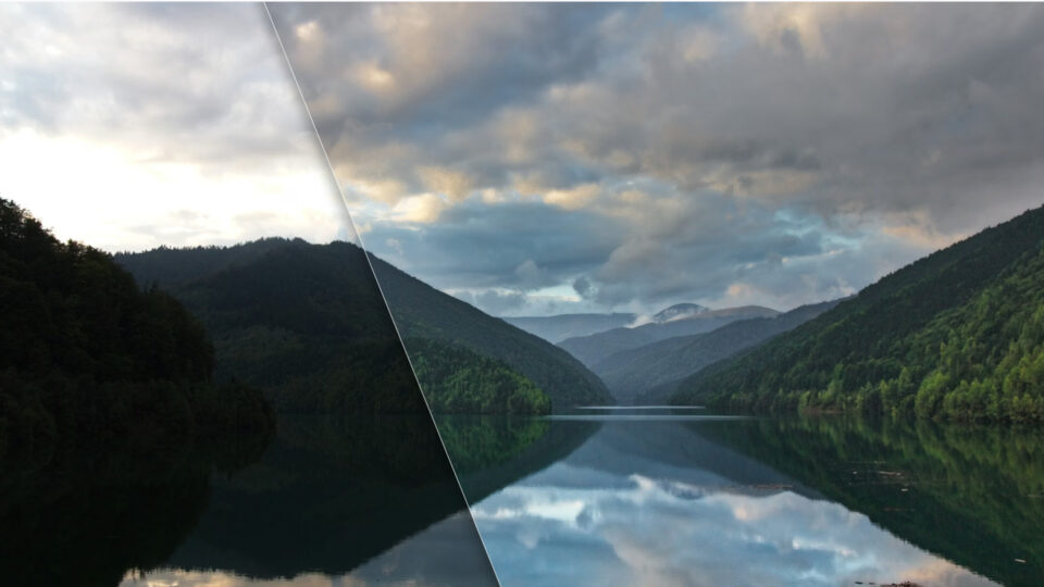 Before and after diagonal split showing how to fix an underexposed landscape in ON1 Photo RAW, with a dark shadowy lake and mountain scene on the left transformed into a bright, balanced image with recovered foreground detail and dramatic sky on the right