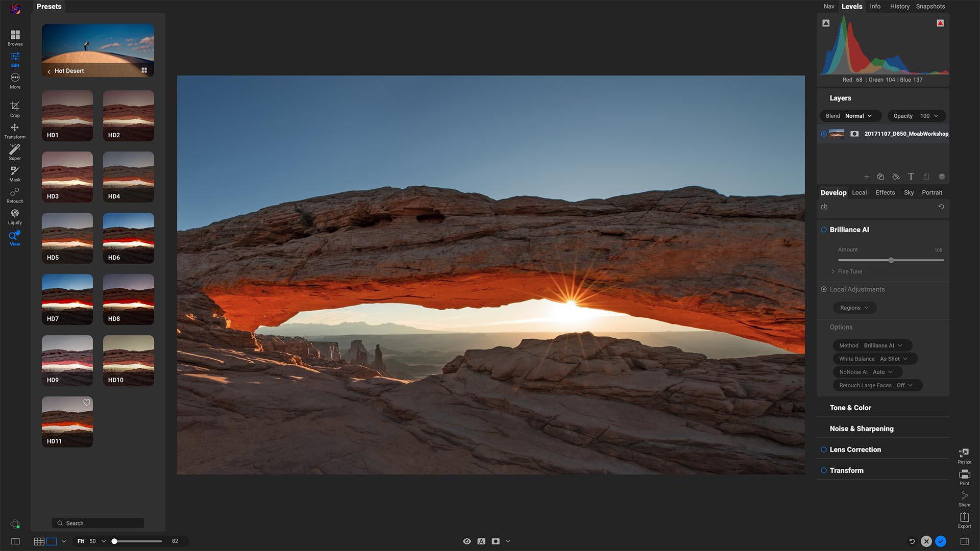 Screenshot of the ON1 Photo RAW interface showing editing tools and a RAW image open