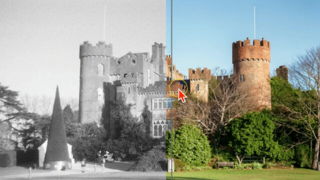 Before and after comparison of a black and white castle photo colorized using Restore AI in ON1 Photo RAW MAX 2026.4, showing grayscale original on the left and full color restoration on the right