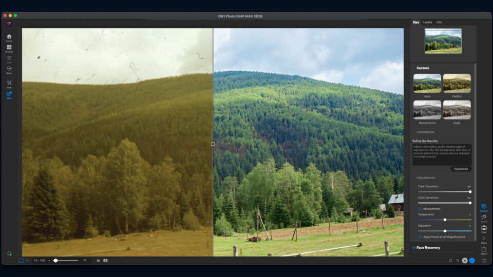 ON1 Photo RAW MAX Restore AI module showing before and after comparison of a faded film photo restored with AI color correction and detail recovery