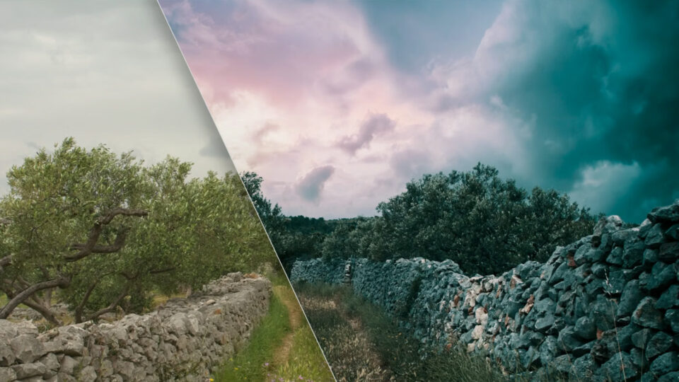 Before and after diagonal split showing Sky Swap AI in ON1 Photo RAW replacing a dull overcast sky with a dramatic pink and teal cloudy sky over a rural landscape with olive trees and stone wall