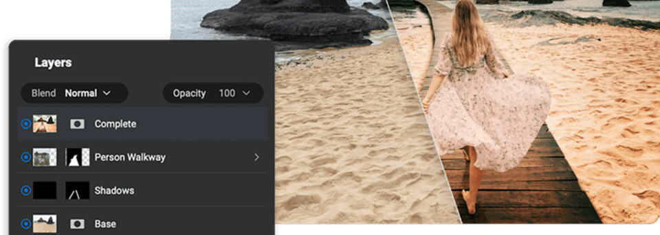 Lightroom alternative photo editing software showing layers panel with beach composite
