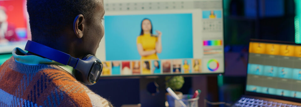 Photo editing software for photographers displayed on professional dual monitor setup